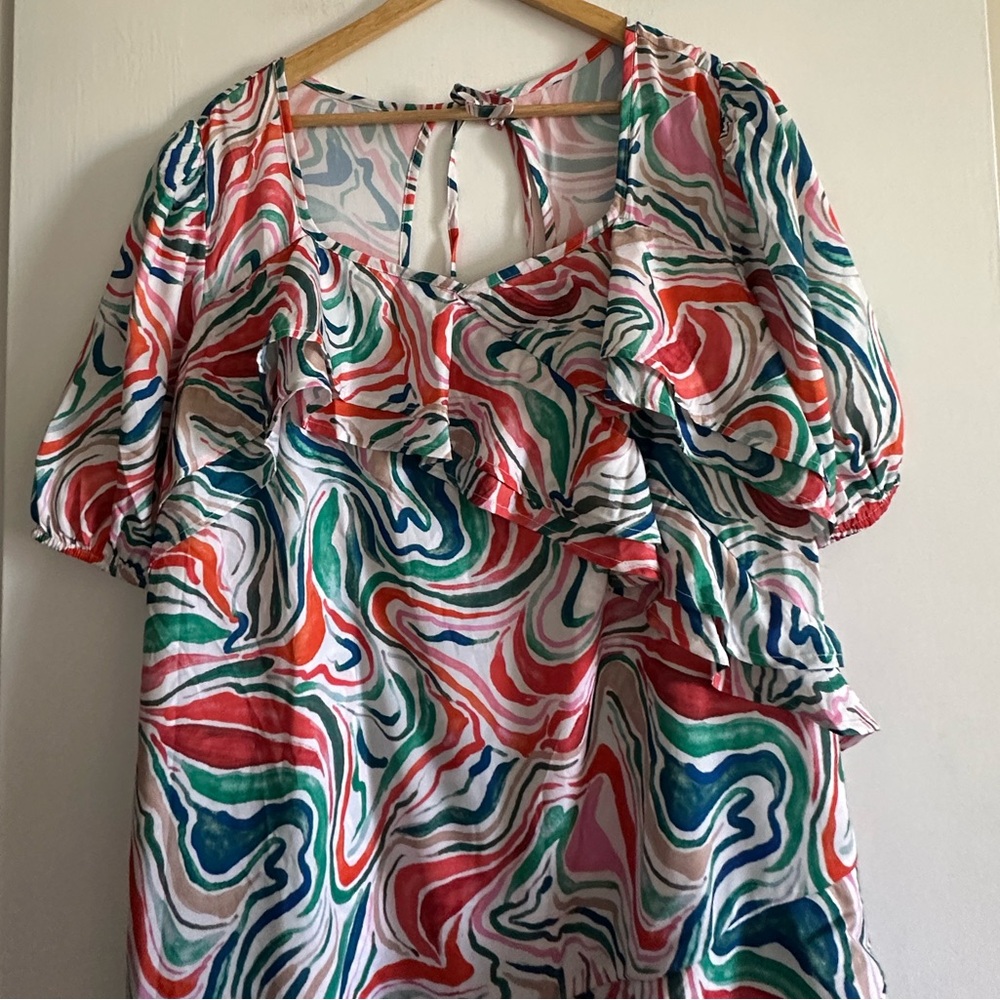 NWT June + Vie Printed Watercolor Marble Multicolor Hi-Low Ruffle Midi Dress - Picture 8 of 11
